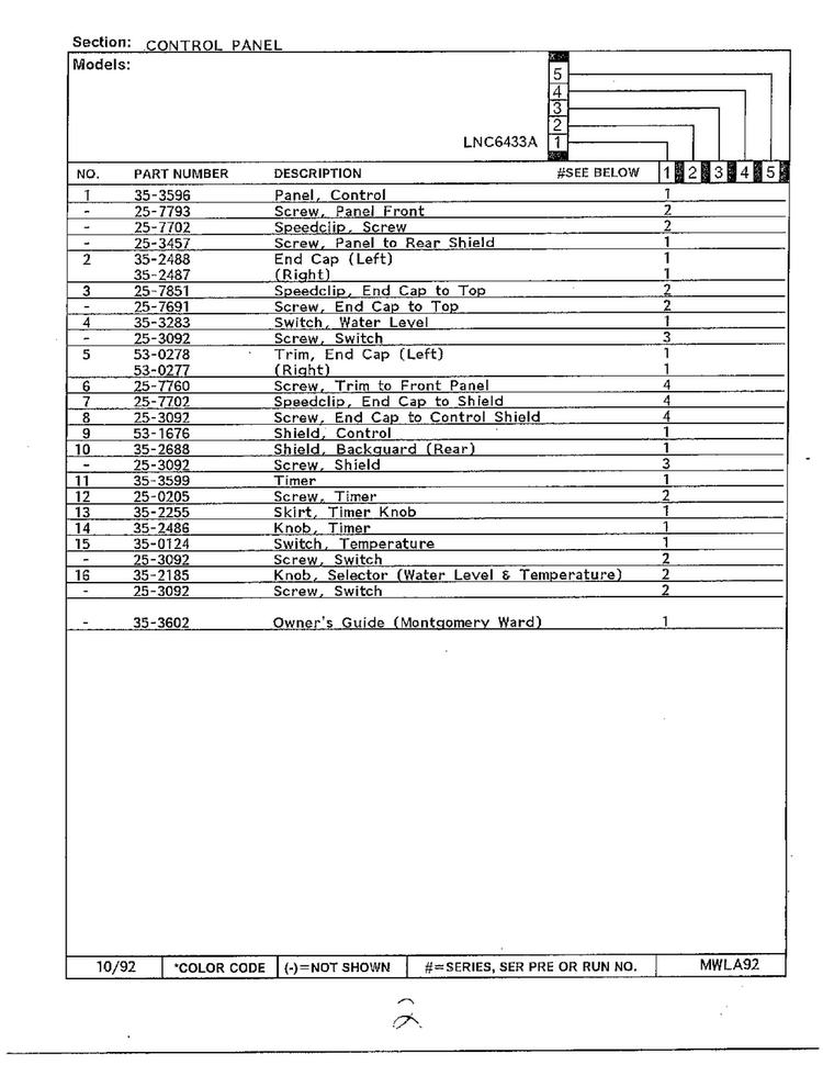 Control Panel Page 2 Diagram and Parts List for 6433A  Norge Washer