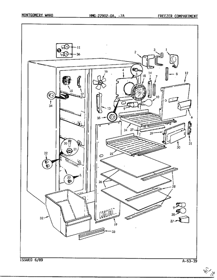 Freezer Compartment Diagram and Parts List for 22902-OA  Admiral Refrigerator