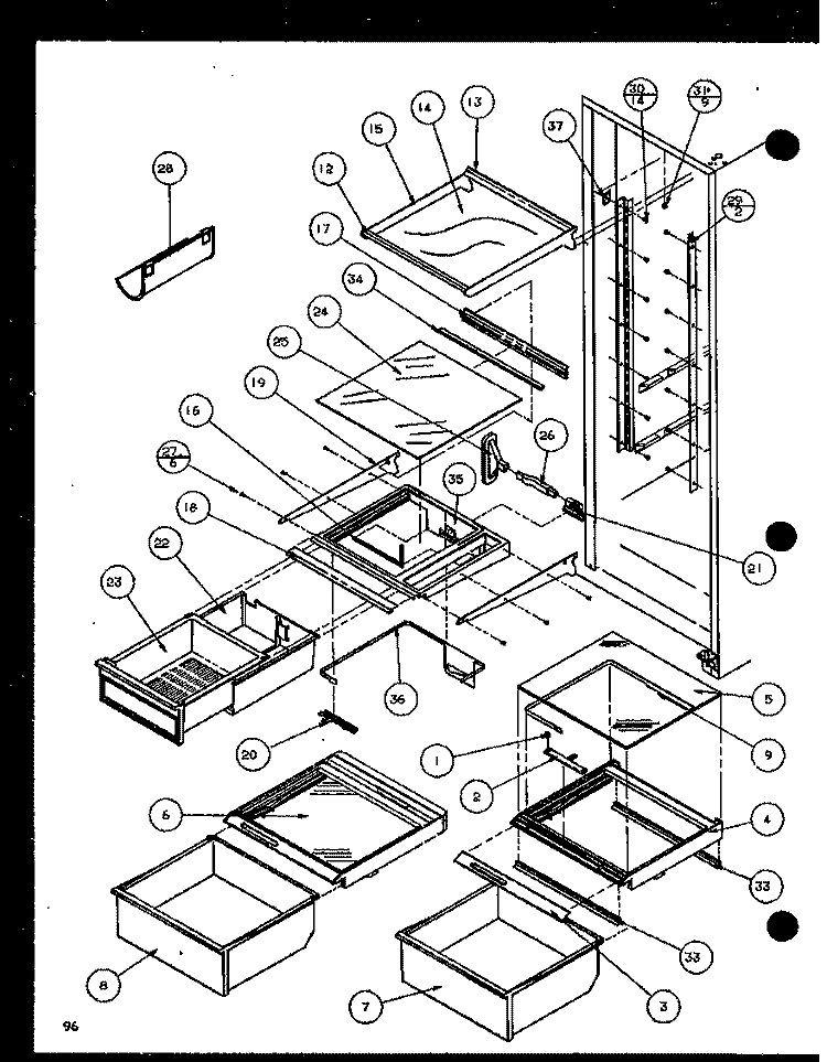 REF SHELVING AND DRAWERS Diagram and Parts List for SXD22J P1116103W Amana Refrigerator