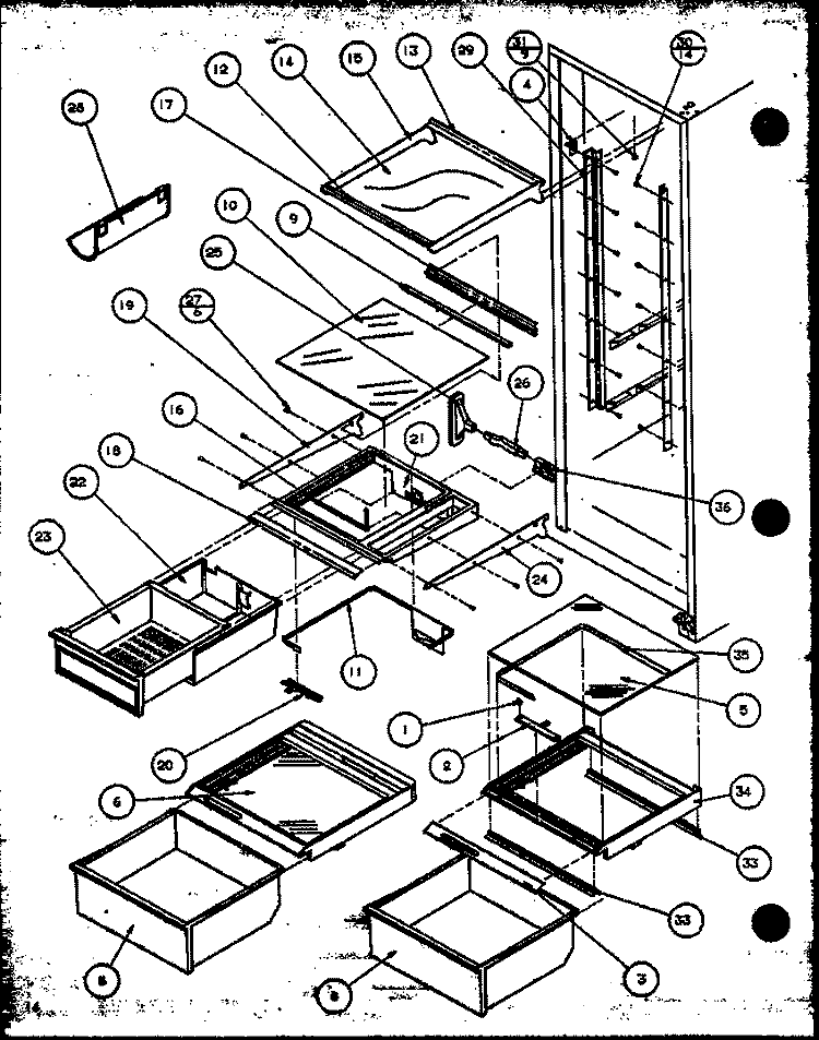 REF SHELVING AND DRAWERS Diagram and Parts List for 36558 P1115403W Litton Refrigerator