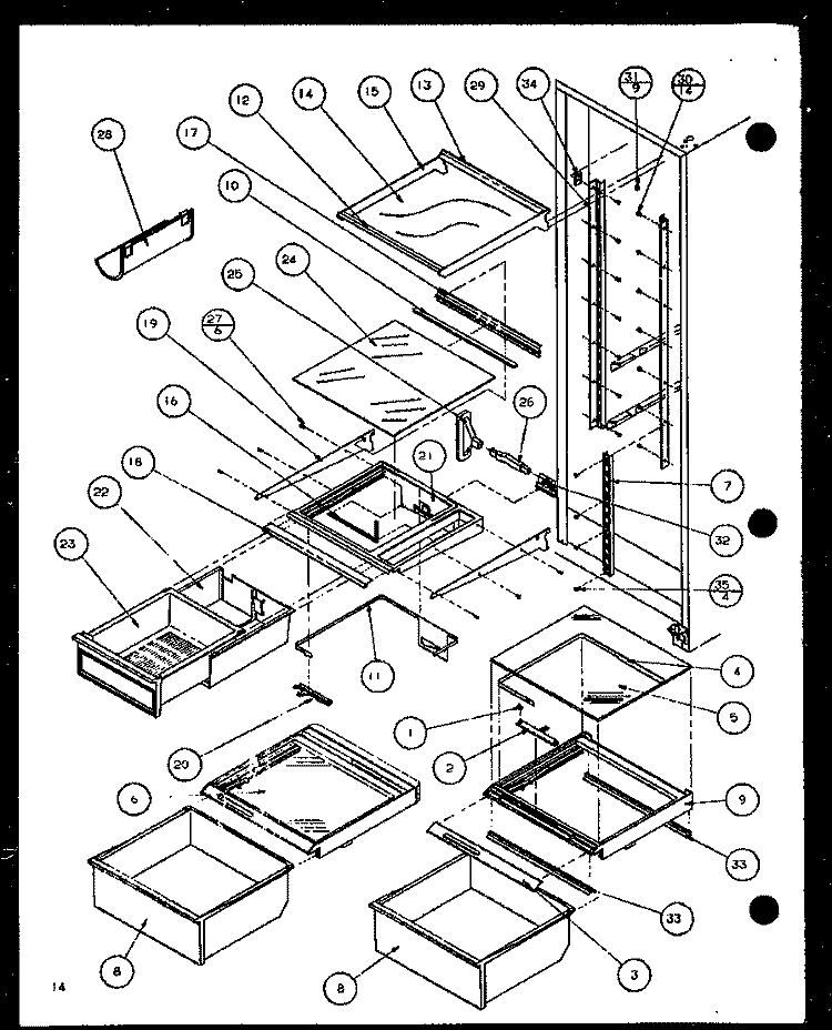 REF SHELVING AND DRAWERS Diagram and Parts List for 36588 P1108402W Litton Refrigerator