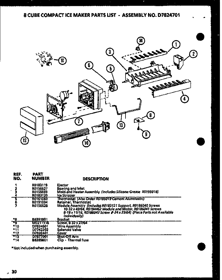 8 CUBE ICE MAKER Diagram and Parts List for 36588 P1108402W Litton Refrigerator