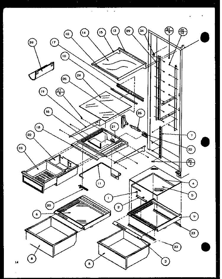 REF SHELVING AND DRAWERS Diagram and Parts List for 36598 P1115604W Litton Refrigerator