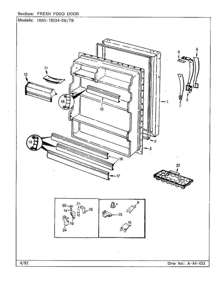 Fresh Food Door Diagram and Parts List for 19534-0A  Admiral Refrigerator