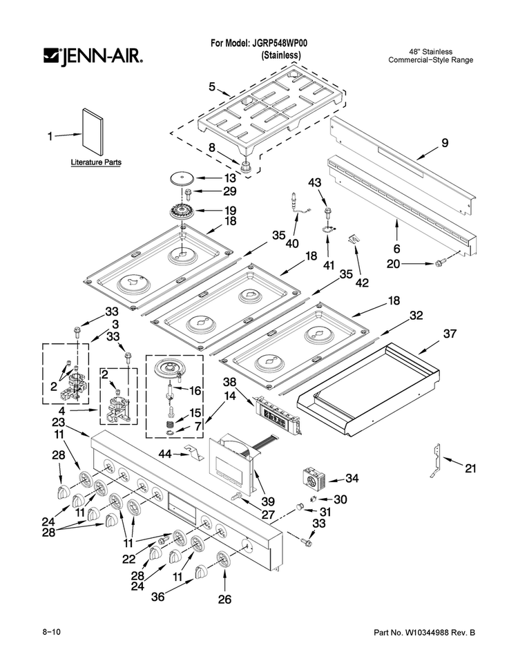 Cooktop, Burner And Grate Parts Diagram and Parts List for JGRP548WP00  Jenn-Air Range