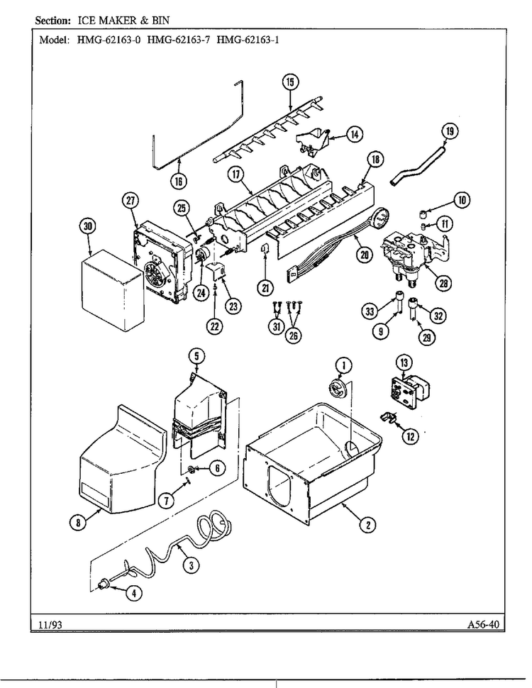Ice Maker And Bin Diagram and Parts List for 62163-0A  Admiral Refrigerator