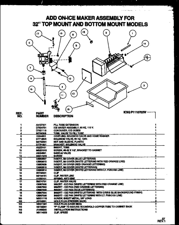 Add On-ice Maker Assembly For 32" Top Mount And Bottom Mount Diagram and Parts List for TZ21Q2E-P1111713WE  Amana Refrigerator