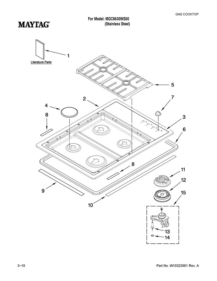 Cooktop, Burner And Grate Parts Diagram and Parts List for MGC8630WS00  Maytag Cooktop