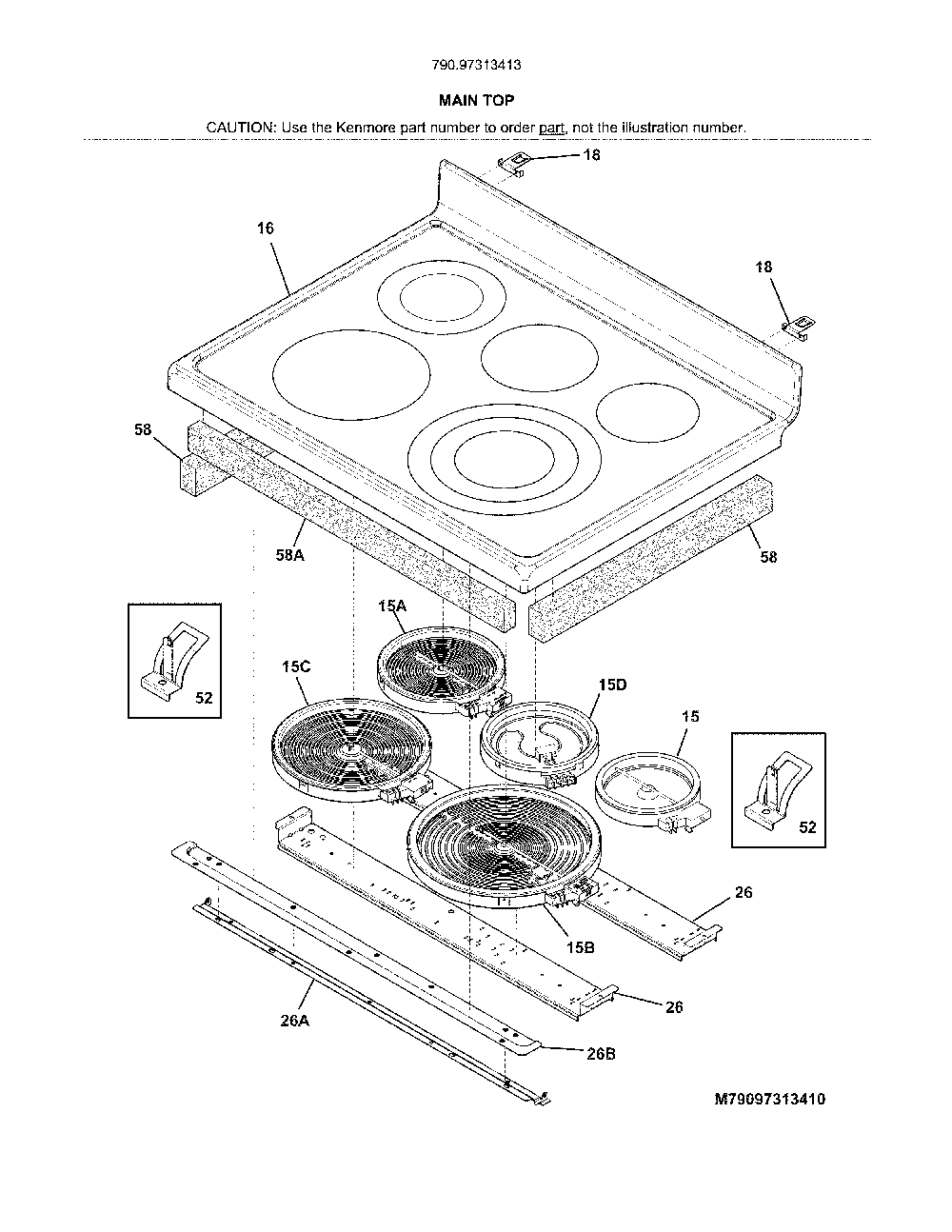 Main Top Diagram and Parts List for 79097313413  Kenmore Range