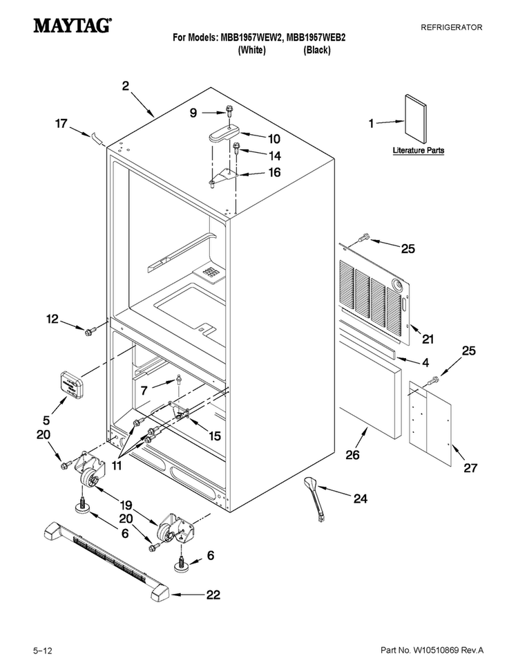 Cabinet Parts Diagram and Parts List for MBB1957WEW2  Maytag Refrigerator