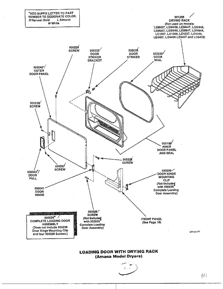 Loading Door With Drying Rack Diagram and Parts List for 7493-LEM437  Amana Dryer
