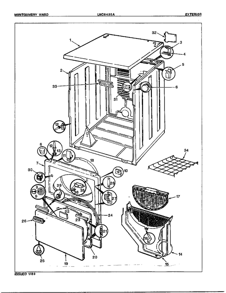Gas Dryer Exterior Assembly Diagram and Parts List for 8435A REV E Norge Dryer