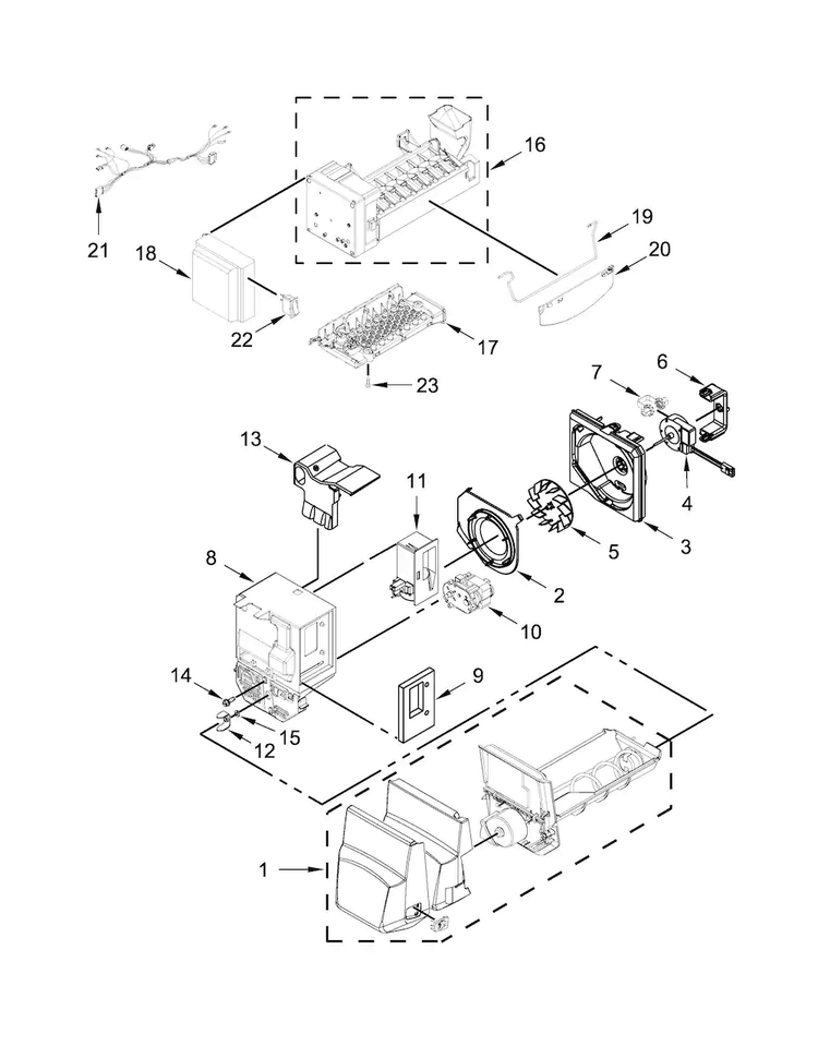 Icemaker And Ice Container Parts Diagram and Parts List for MFI2269FRE00  Maytag Refrigerator