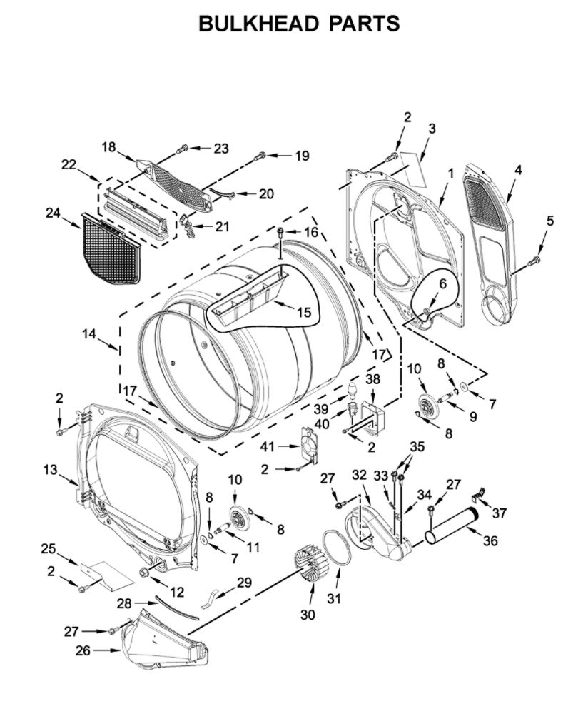 Bulkhead Parts 1 Diagram and Parts List for MED6230RHW1  Maytag Dryer