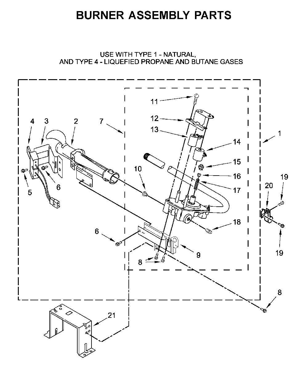 Burner assembly parts Diagram and Parts List for MGD6230HC0  Maytag Dryer