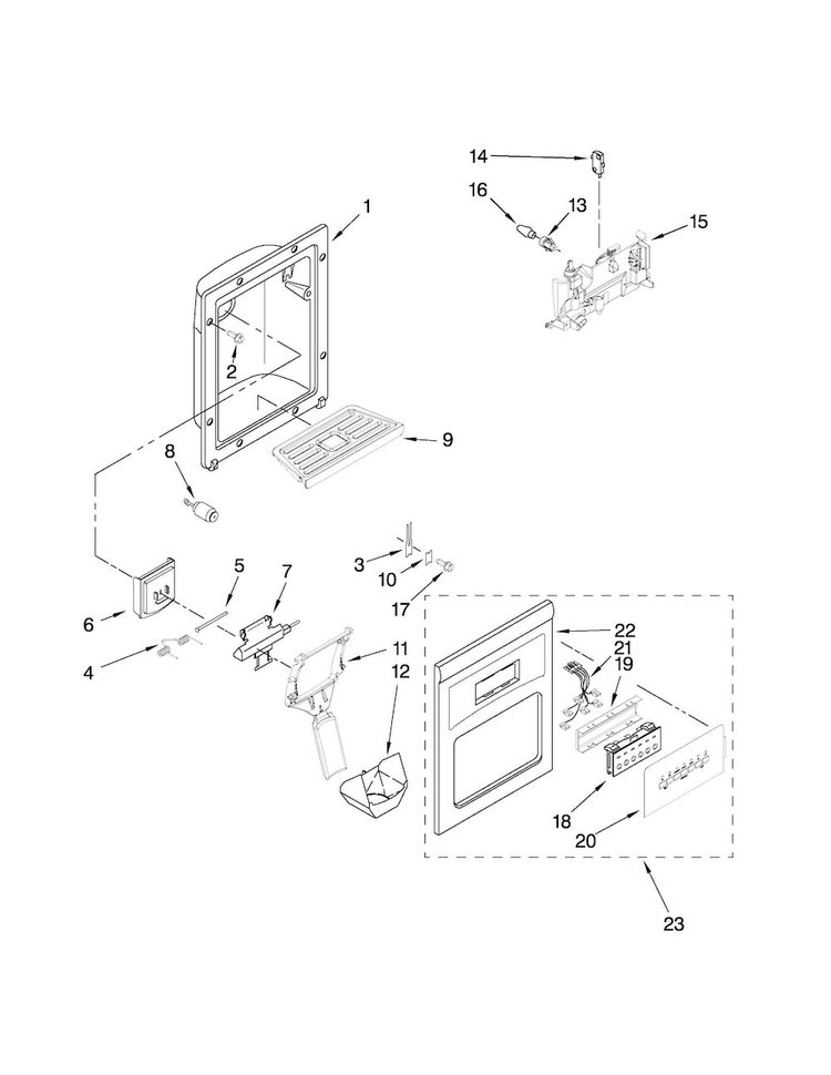 Dispenser Front Parts Diagram and Parts List for MSD2572VES02  Maytag Refrigerator