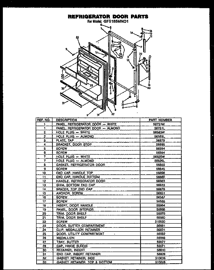 REF DOOR PARTS Diagram and Parts List for GFS185MN01 GFS185MN0 1 Caloric Refrigerator
