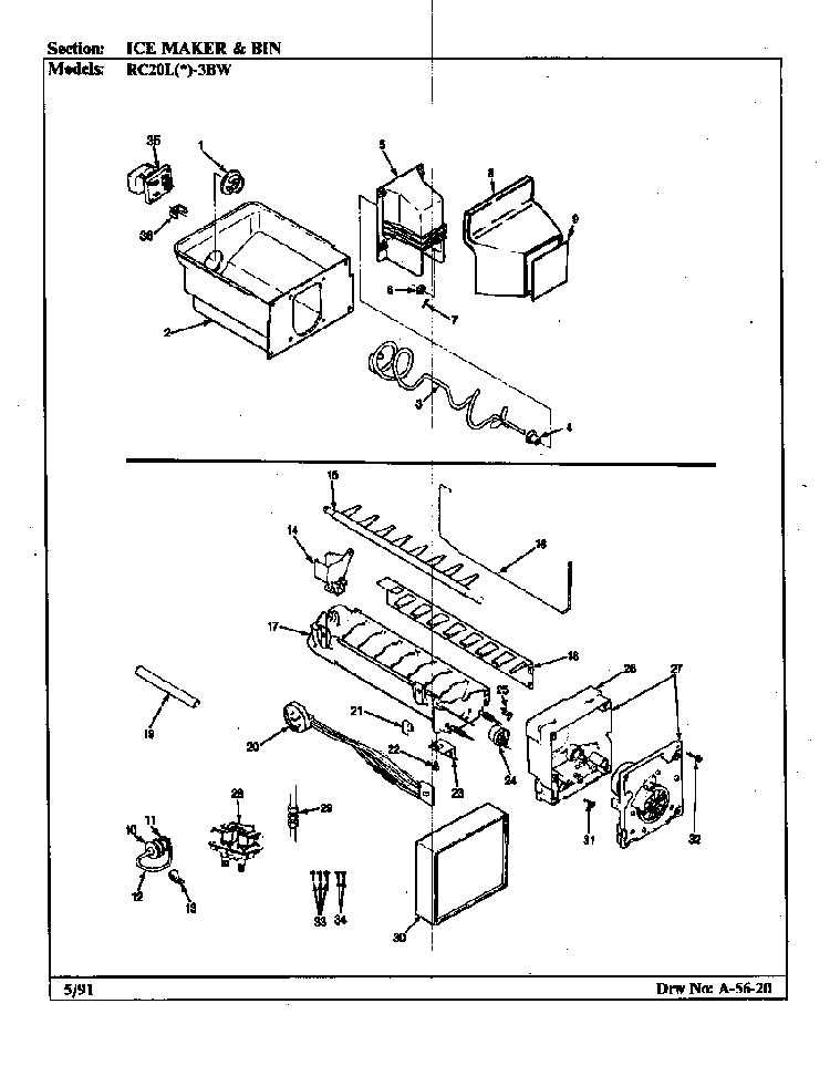 Ice Maker & Bin Diagram and Parts List for RC20LA-3BW-BS08A  Magic Chef Refrigerator