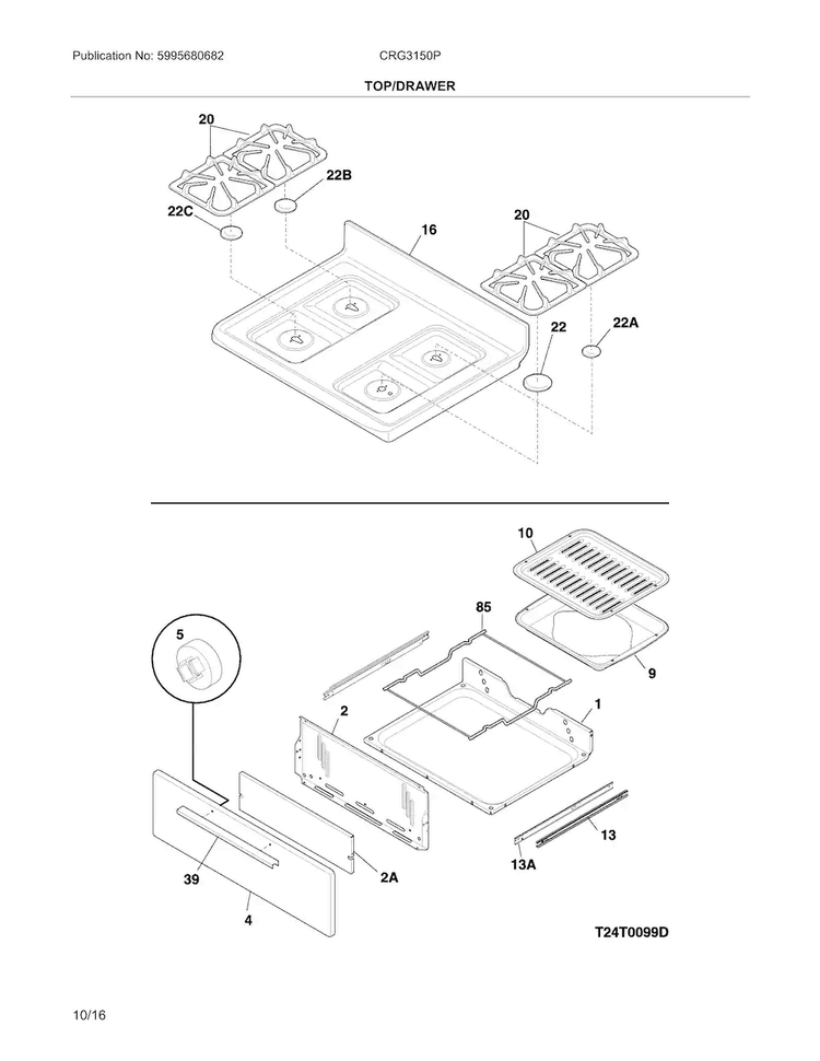Top/drawer Diagram and Parts List for CRG3150PBD  Crosley Range