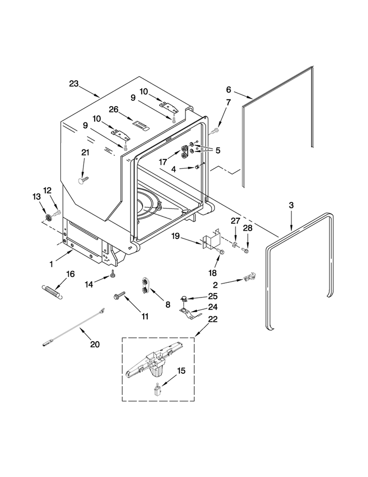 Tub And Frame Parts Diagram and Parts List for MDB7709AWQ0  Maytag Dishwasher