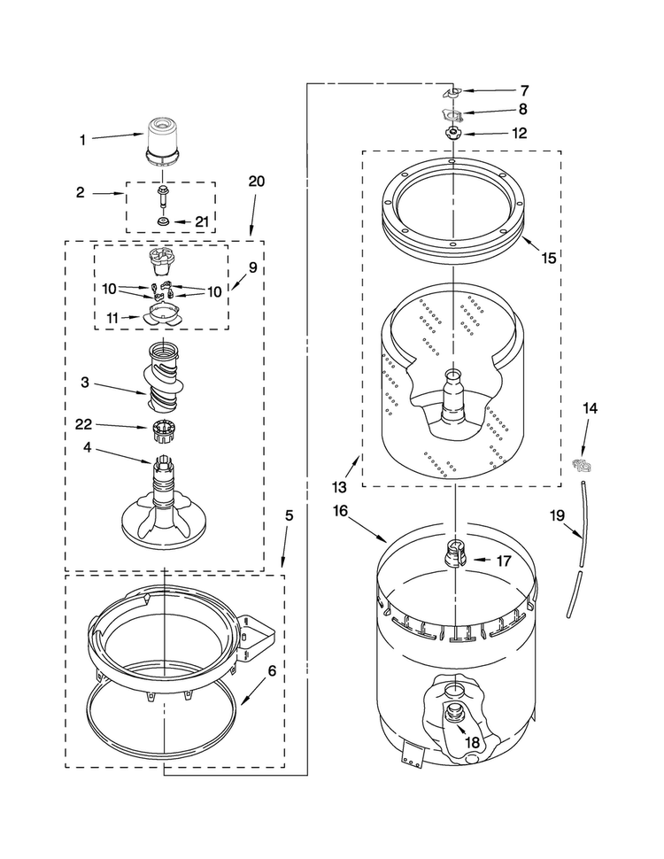 Agitator, Basket And Tub Parts Diagram and Parts List for 7MMPM0320WQ0  Maytag Washer