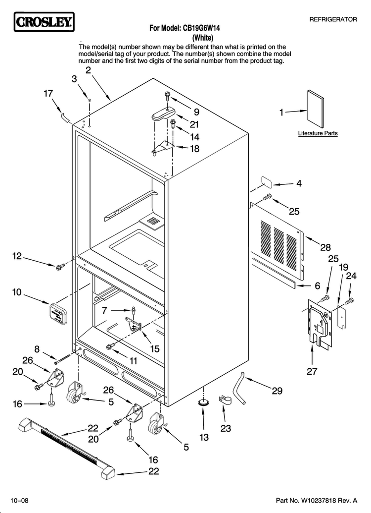 Cabinet Parts Diagram and Parts List for CB19G6W14  Crosley Refrigerator