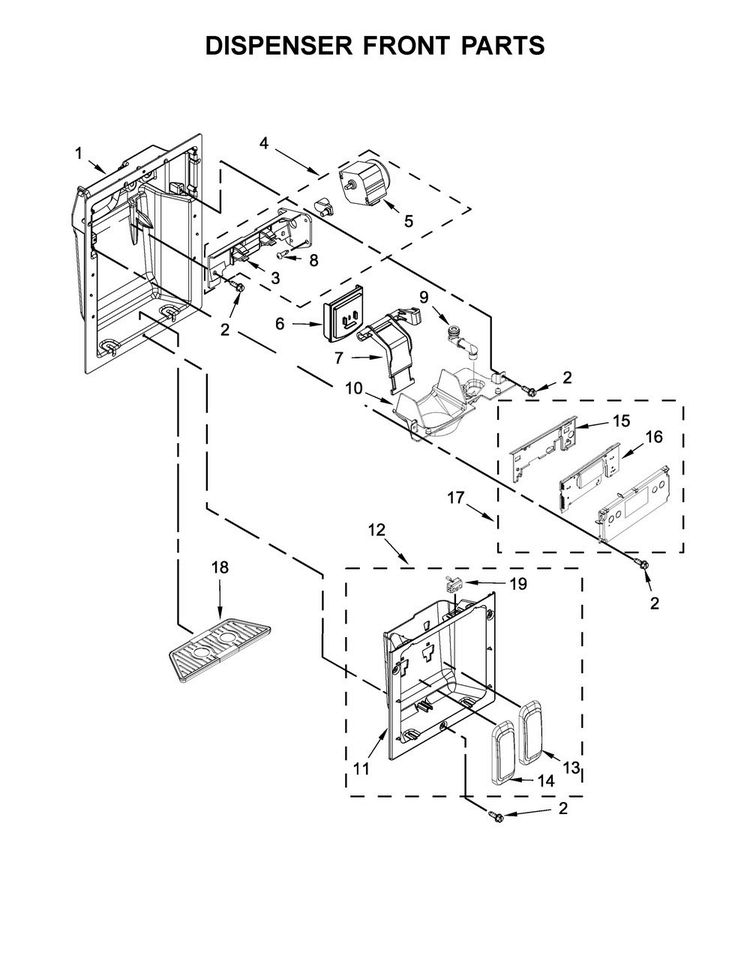 Dispenser Front Parts Diagram and Parts List for JS42PPDUDE01  Jenn-Air Refrigerator