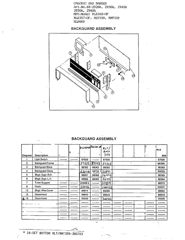 Backguard Assembly Diagram and Parts List for 2940A  Amana Range