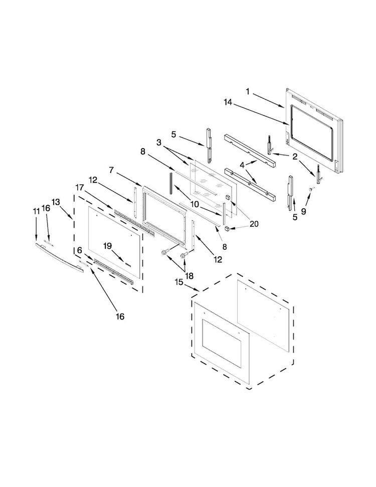 Lower Oven Door Diagram and Parts List for JJW2530WS01  Jenn-Air Wall Oven