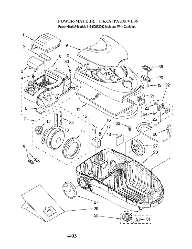 Base/canopy Diagram and Parts List for 11620512002  Kenmore Canister Vacuum