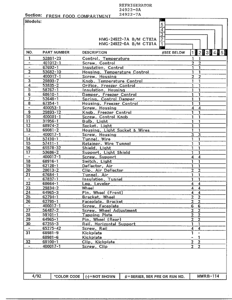 Fresh Food Compartment Page 2 Diagram and Parts List for 24922-0A  Admiral Refrigerator