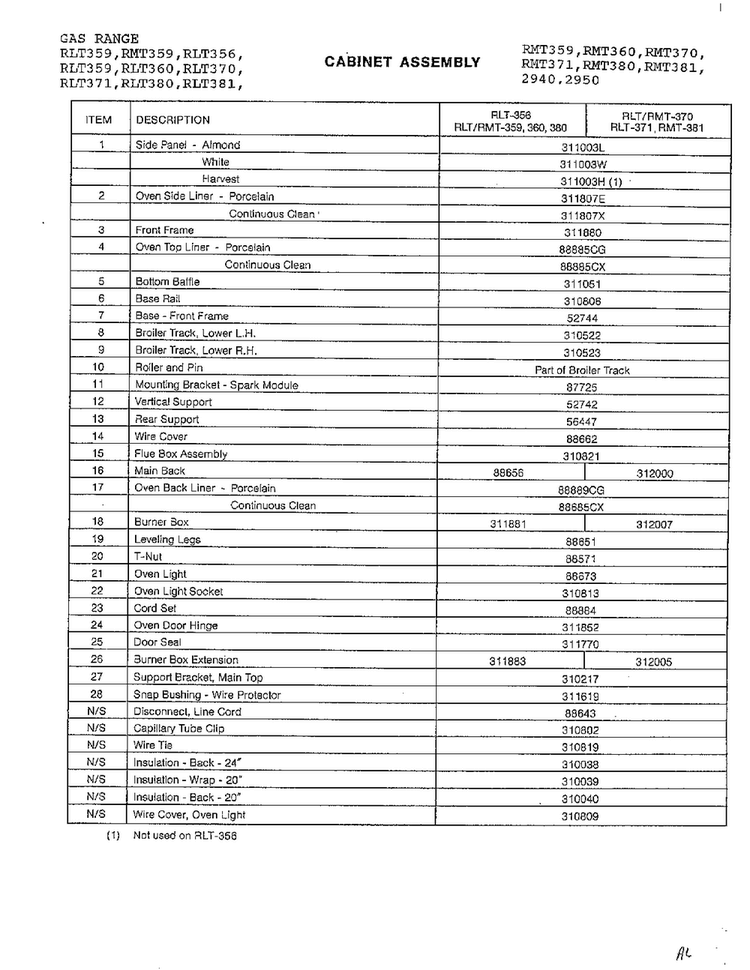 Cabinet Assembly Page 2 Diagram and Parts List for RLT360  Amana Range