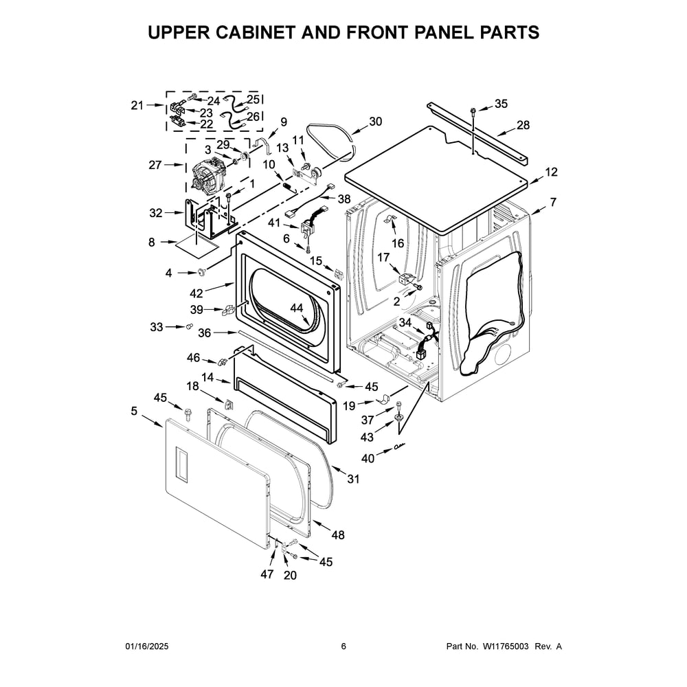 Upper Cabinet And Front Panel Parts Diagram and Parts List for MLE26PRLYW0  Maytag Dryer