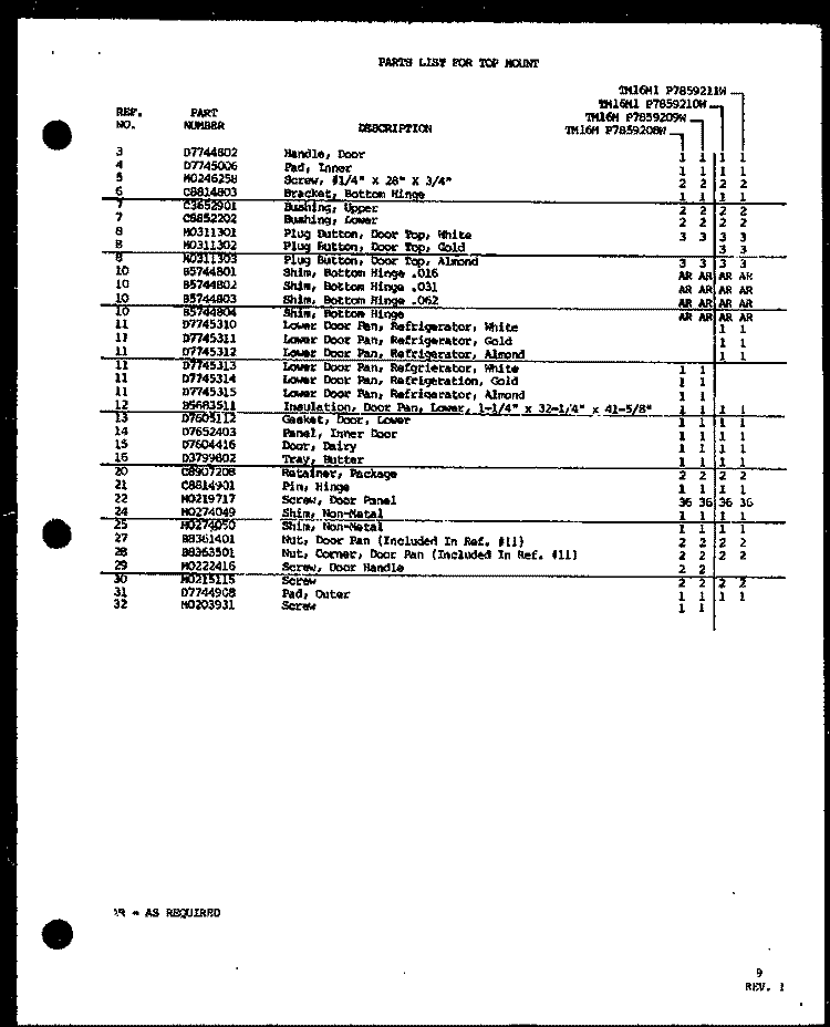 REF DOOR PARTS Diagram and Parts List for TM16M P7859208W Amana Refrigerator