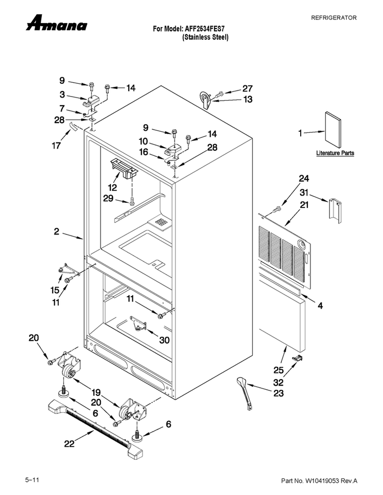 Cabinet Parts Diagram and Parts List for AFF2534FES7  Amana Refrigerator