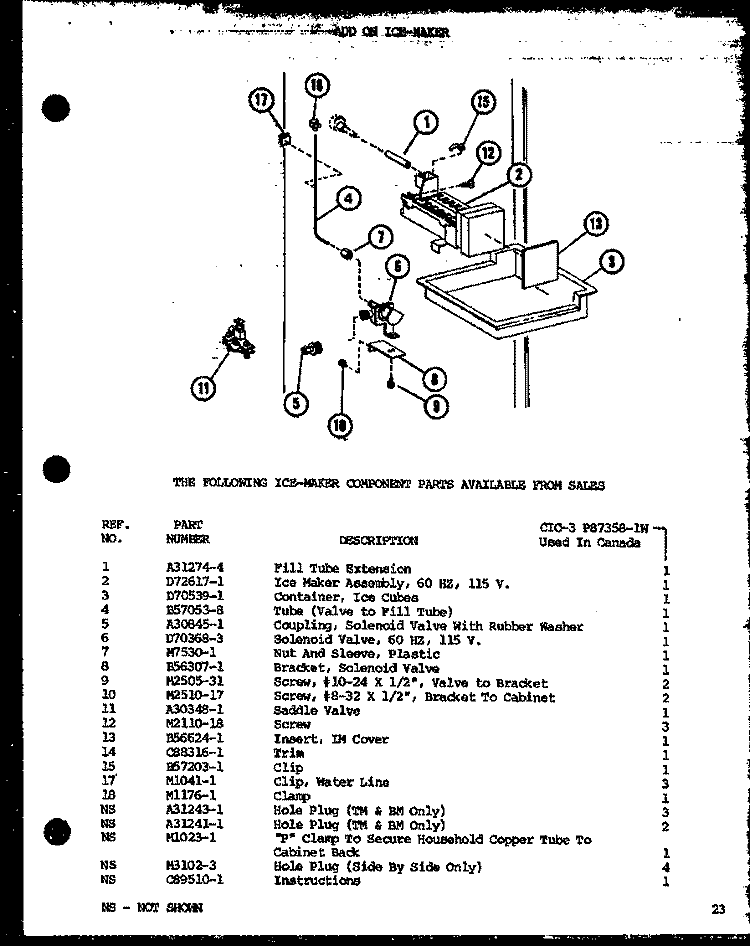 ADD ON ICE - MAKER Diagram and Parts List for CIC-3 P8735801W Amana Refrigerator