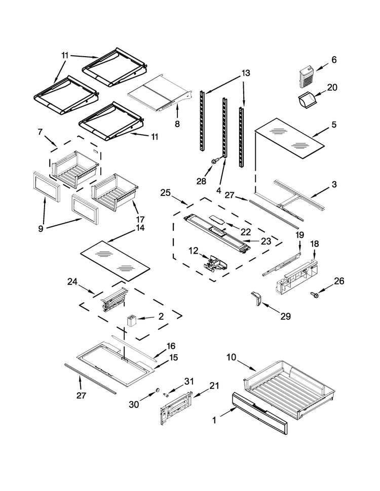 Shelf Parts Diagram and Parts List for MFT2673BEW11  Maytag Refrigerator