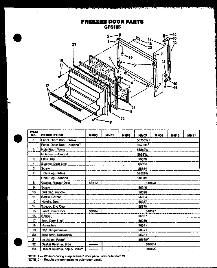 FZ DOOR PARTS Diagram and Parts List for GFS185/MN10  Caloric Refrigerator