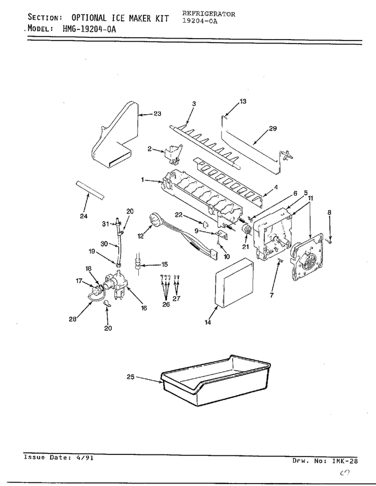 Optional Ice Maker Kit Diagram and Parts List for 19204-0A  Admiral Refrigerator