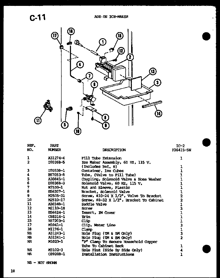 ADD ON ICE - MAKER Diagram and Parts List for IC-2 P3641505W Amana Refrigerator