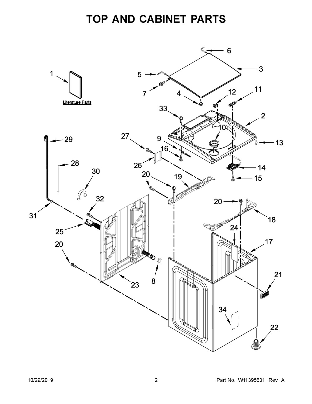 Top And Cabinet Parts Diagram and Parts List for MVWB835DW5  Maytag Washer