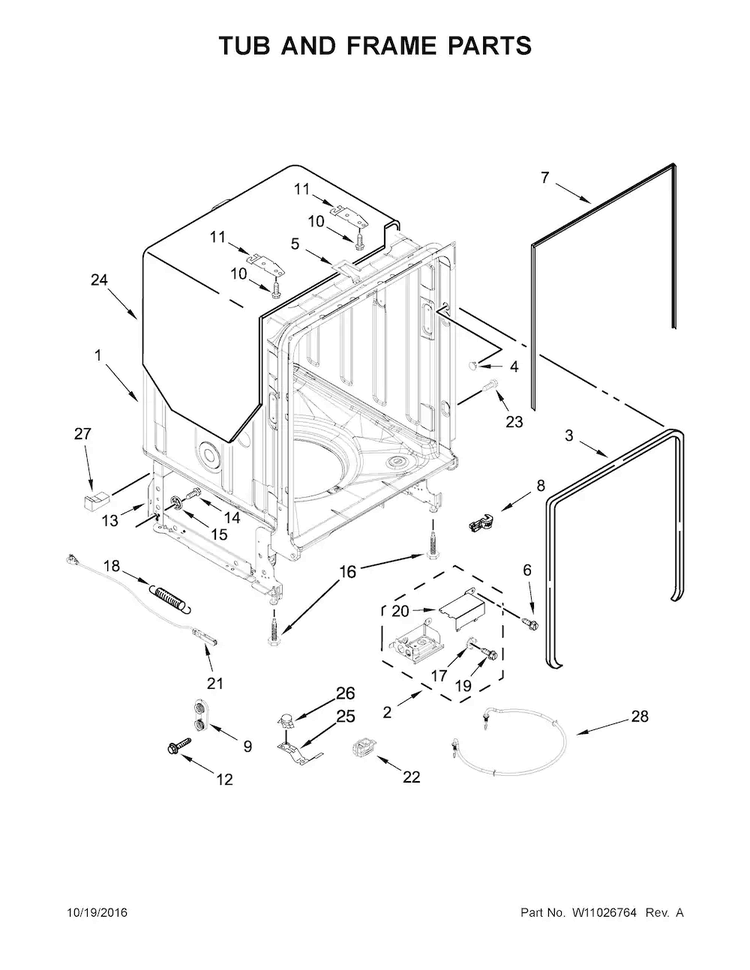 Tub And Frame Parts Diagram and Parts List for JDB9000CWP3  Jenn-Air Dishwasher