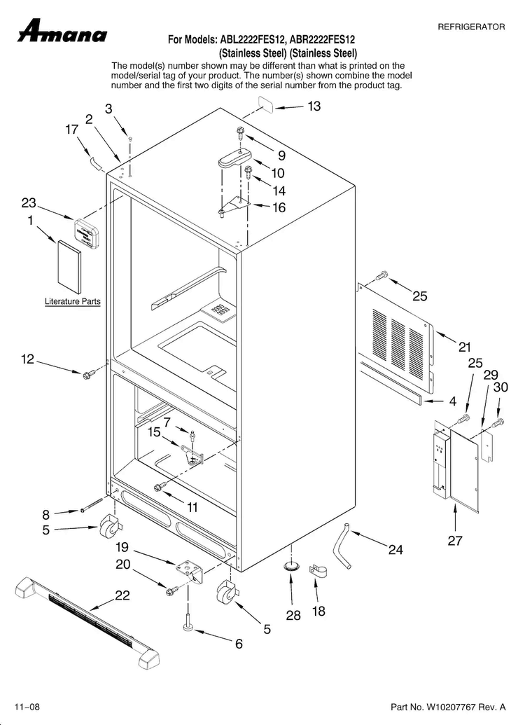 Cabinet Parts Diagram and Parts List for ABL2222FES12  Amana Refrigerator