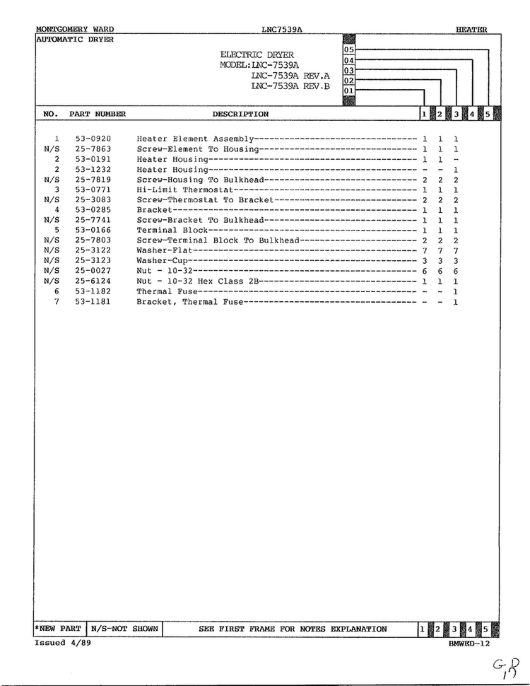 Heater Page 2 Diagram and Parts List for 7539A REV A Norge Dryer