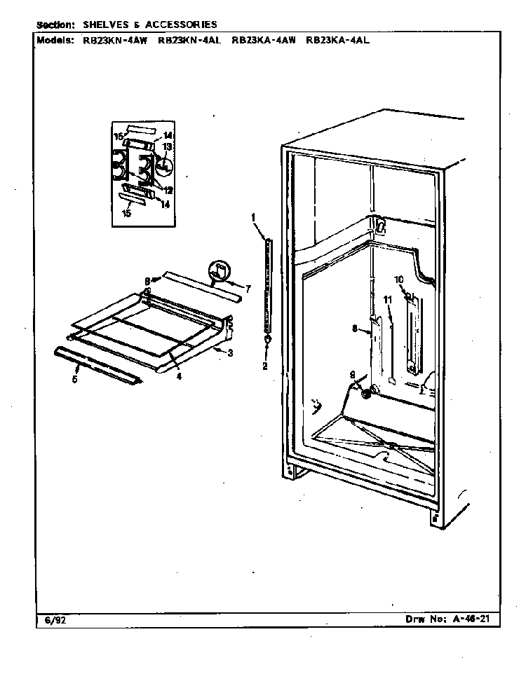 Shelves & Accessories Diagram and Parts List for RB23KA-4AW BG97C Magic Chef Refrigerator