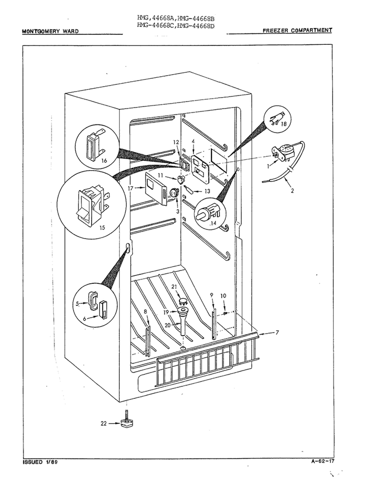 Freezer Compartment Diagram and Parts List for 44668C  Admiral Freezer
