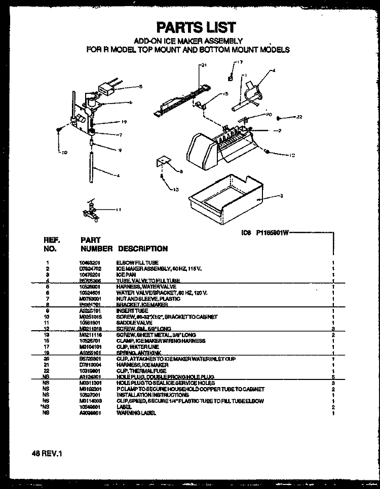 ADD - ON ICE MAKER Diagram and Parts List for TS18R2L P1158411W L Amana Refrigerator