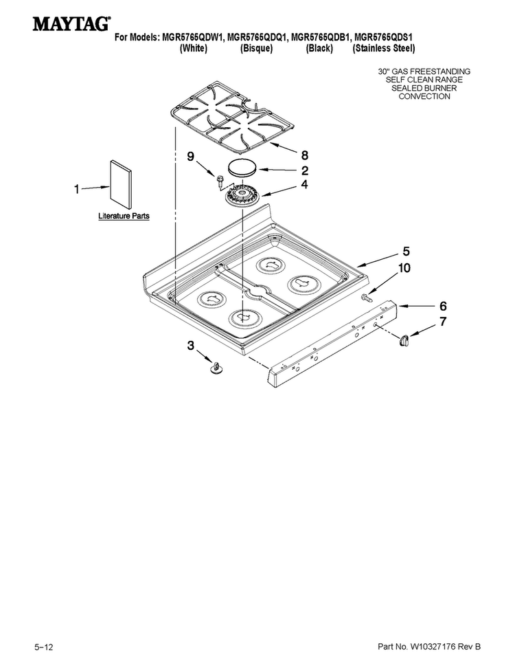 Cooktop Parts Diagram and Parts List for MGR5765QDS1  Maytag Range