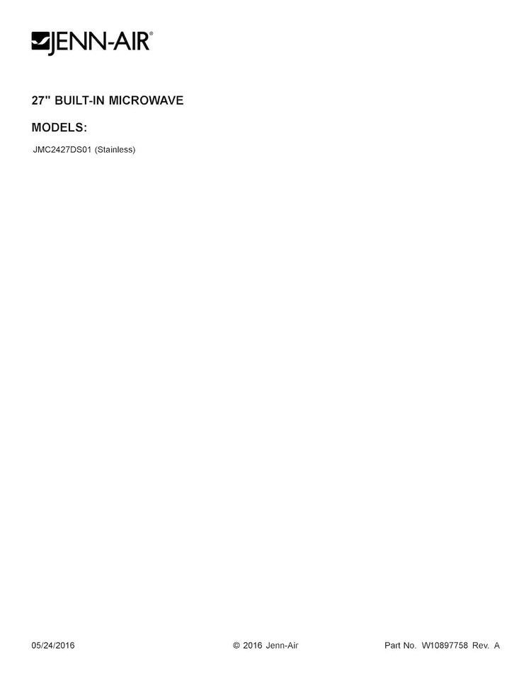 Cover Sheet Diagram and Parts List for JMC2427DS01  Jenn-Air Microwave
