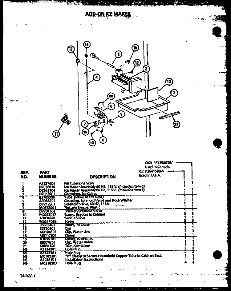 ADD - ON ICE MAKER Diagram and Parts List for CIC3 P8735803W Amana Ice Maker